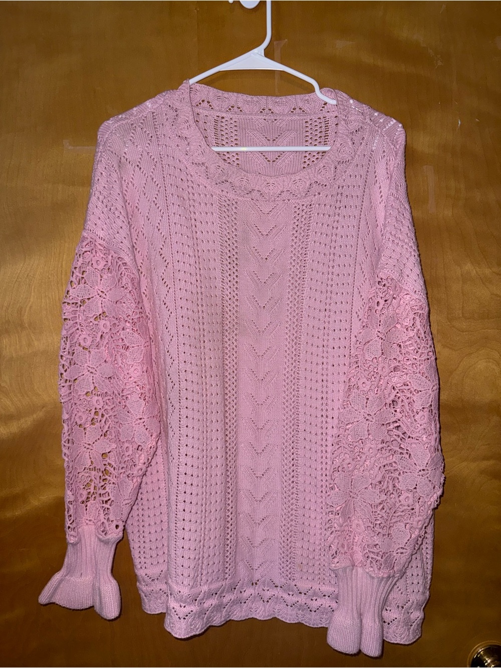 Light Pink Crochet-Sleeve Knit Sweater - Women's Top